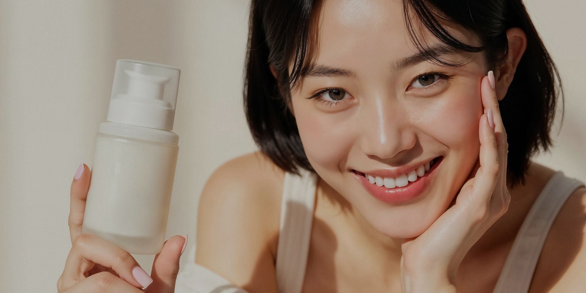 smiling woman holding skincare serum bottle touching her face
